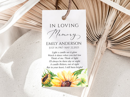 Celebration of life In Loving Memory Sunflower Funeral Favor Tag Template, Memorial Candle Favor Tag, Sunflower Funeral Keepsake, Sunflower Funeral Favors