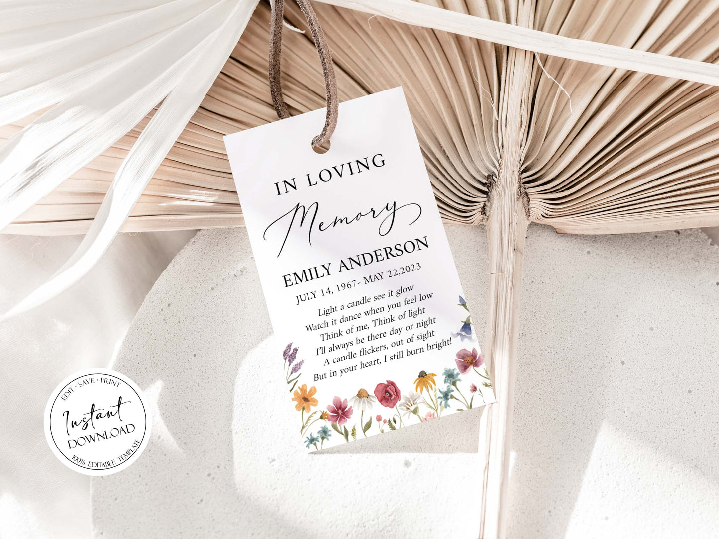 In Loving Memory Red Greenery Wildflower Meadow Funeral Favor Tag Template, Wildflower Memorial Candle Favor Tag, Wildflower Funeral Keepsake Favor