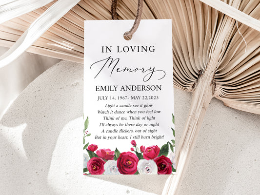 In Loving Memory White Pink Roses Funeral Favor Tag Template, Memorial Candle Favor Tag, White Pink Roses In Loving Memory Favor Tag Pink Funeral Keepsake P2