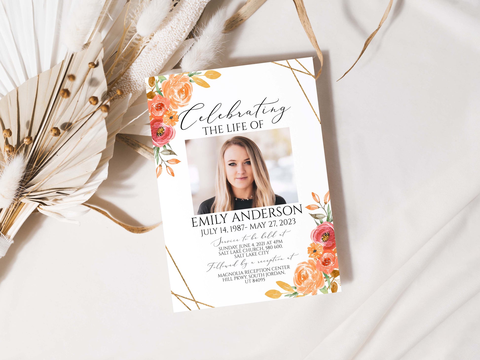 Celebration of life Orange Floral Gold Fall Funeral Invitation Template, Autumn Funeral Announcement Card, Printable Orange Memorial Service Invite