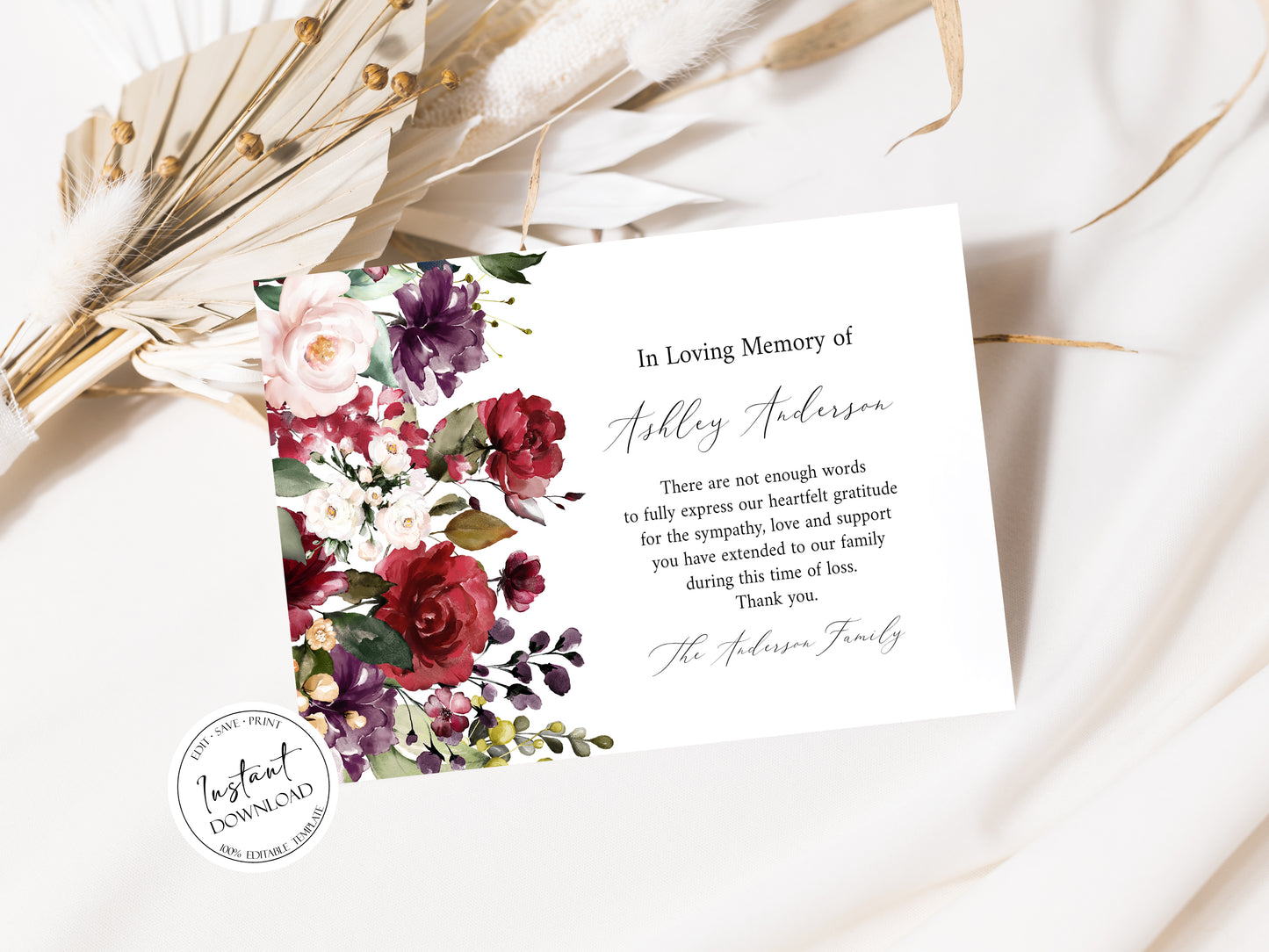 In Loving Memory Red Roses Funeral Thank You Card Template R1