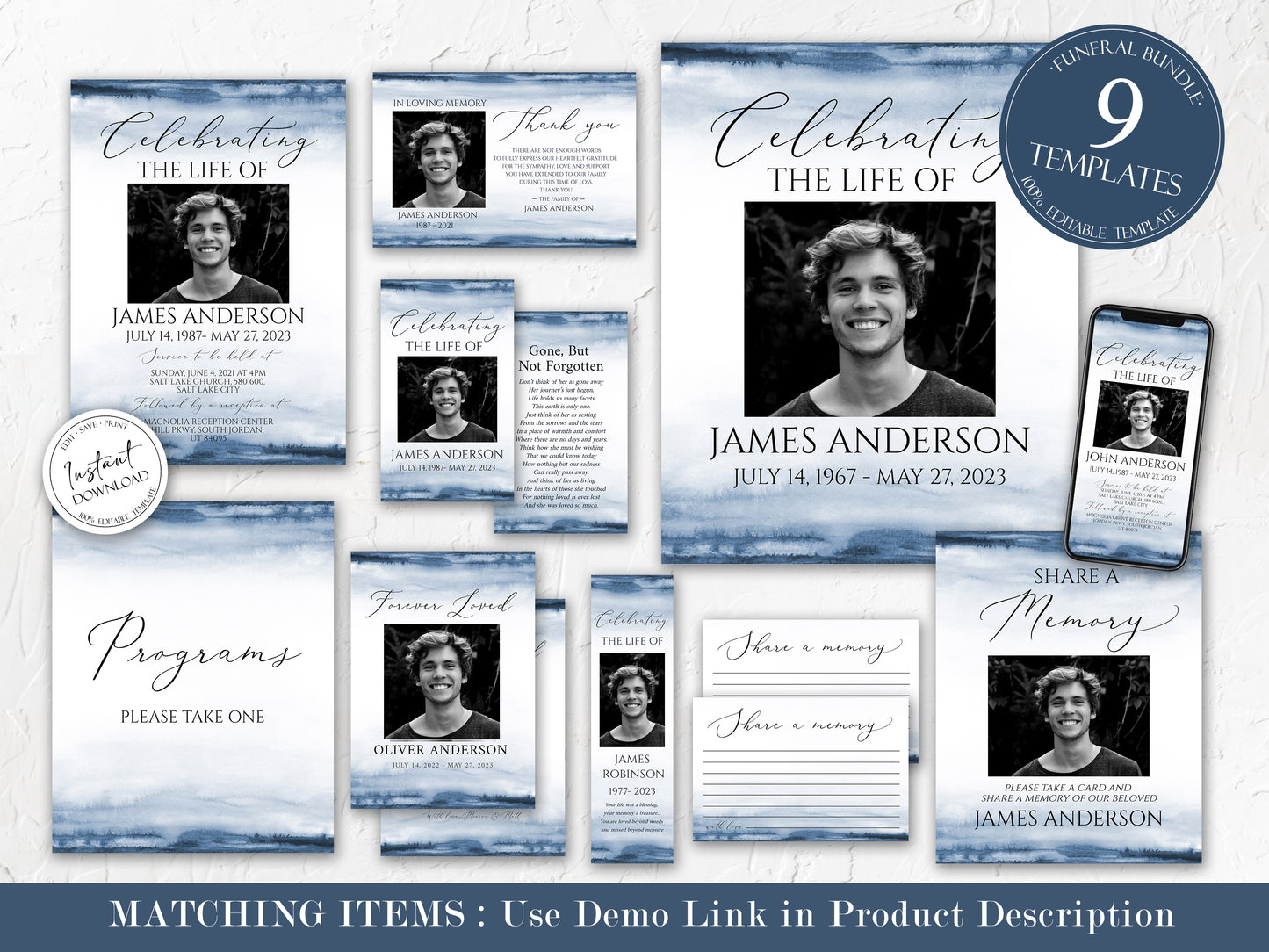 11x17 Celebration of Life Funeral Program Template, Blue Watercolor Funeral Brochure, Blue Memorial Program, Obituary Program for men B4