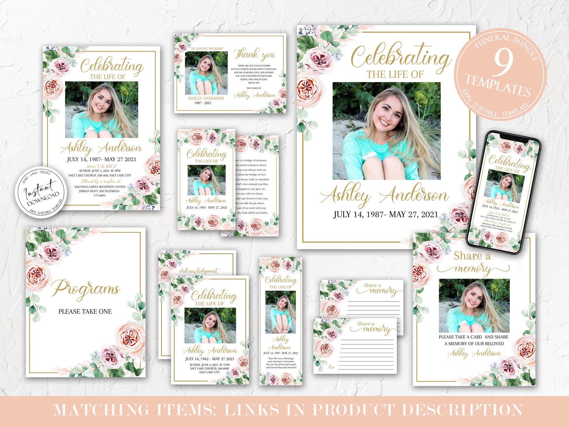 Celebration of life Funeral Program, Blush Pink Roses Greenery Funeral Program Template, Memorial Program, Obituary Program, Funeral Mass Program F1