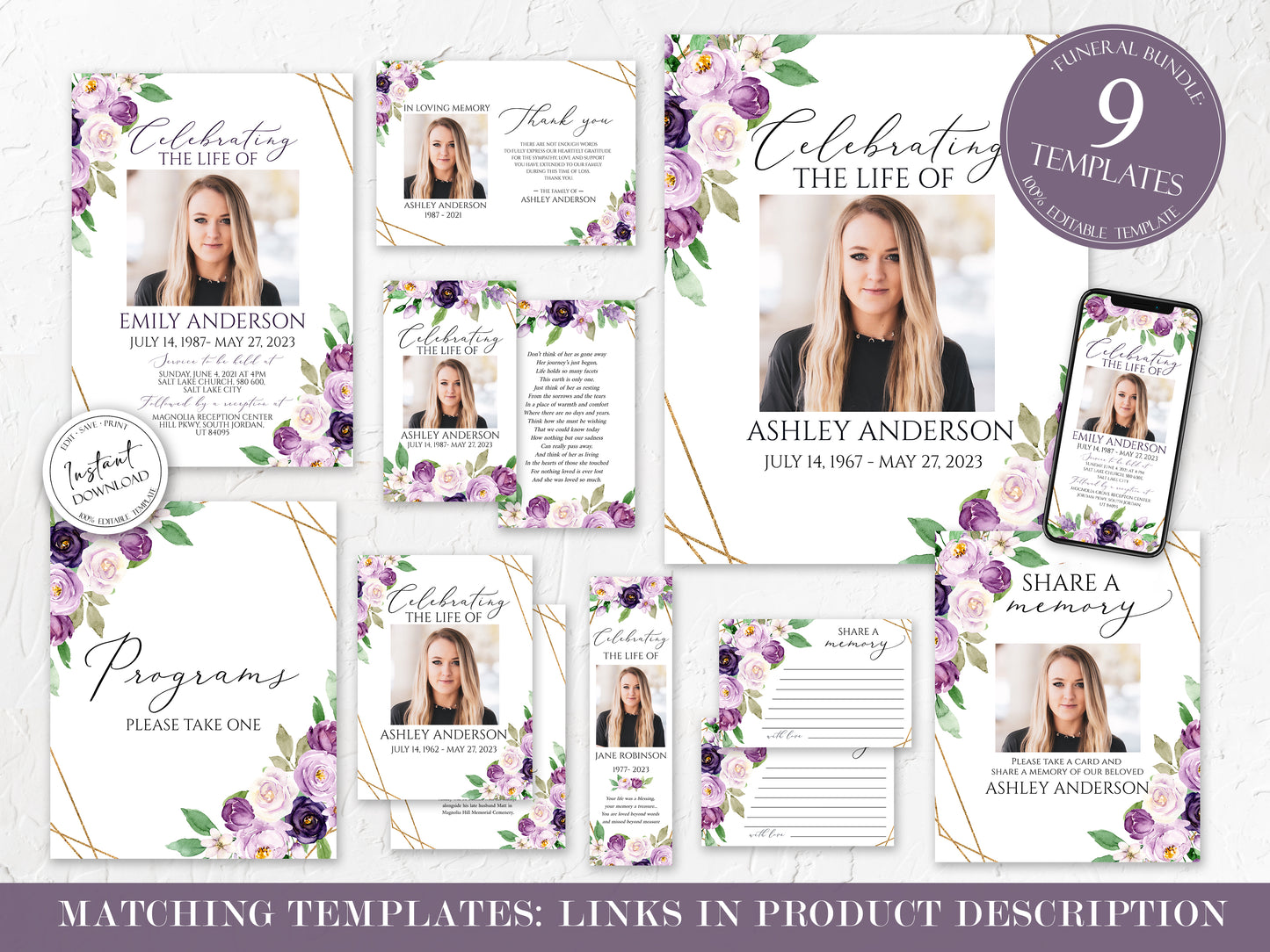 Celebration of life 8 Page Purple Floral Funeral Invitation Template P1