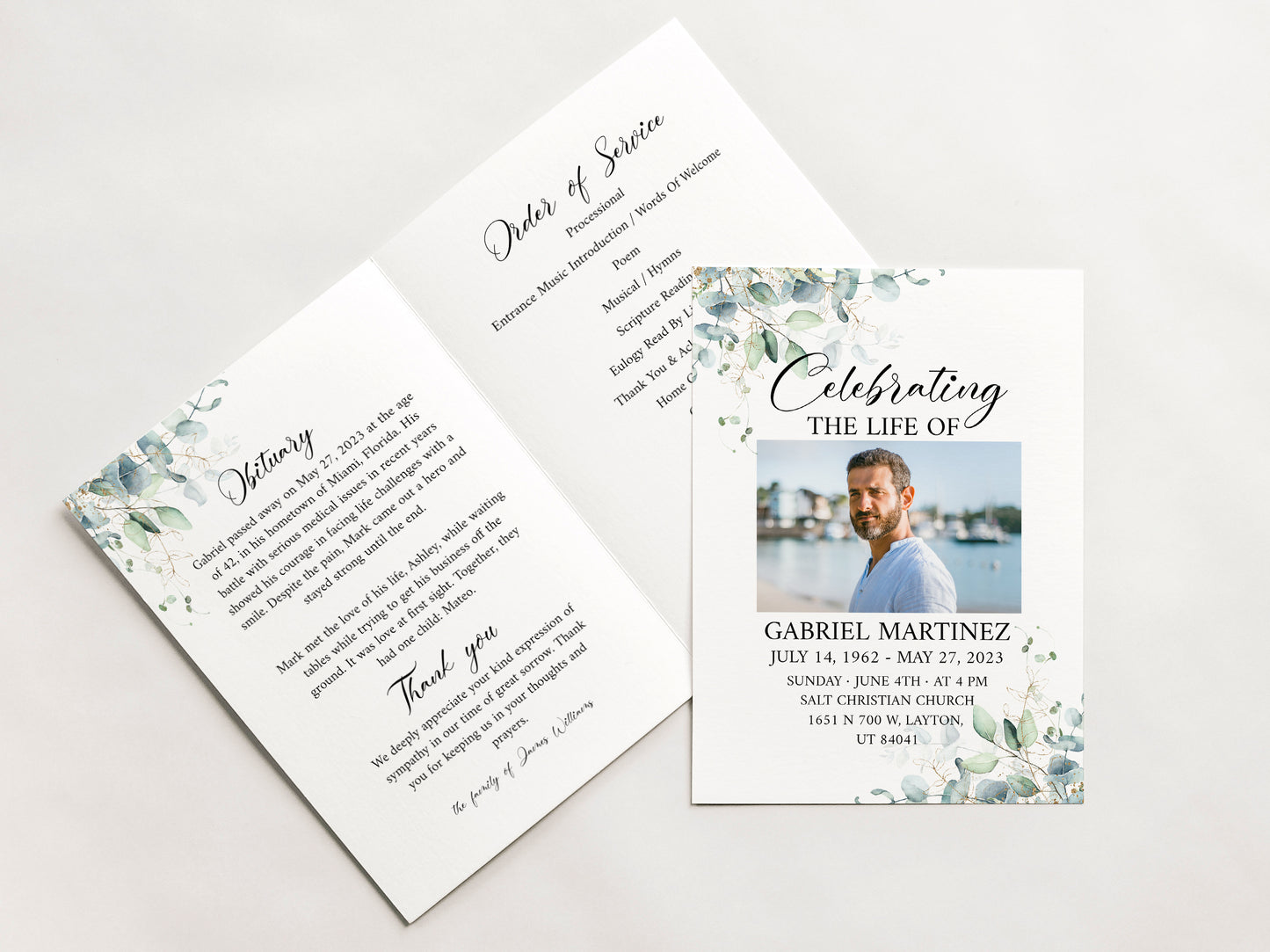 Celebration of Life Watercolor Greenery Gold Funeral Program Template. Funeral Brochure, Editable Greenery Memorial Program, Greenery Obituary Program G1