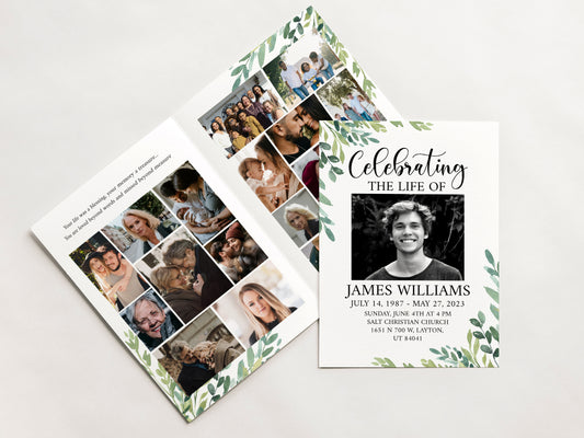Celebration of Life 8 Page Greenery Watercolor Funeral Program Template  Funeral Brochure, Editable Greenery Memorial Program Green Obituary Program G2
