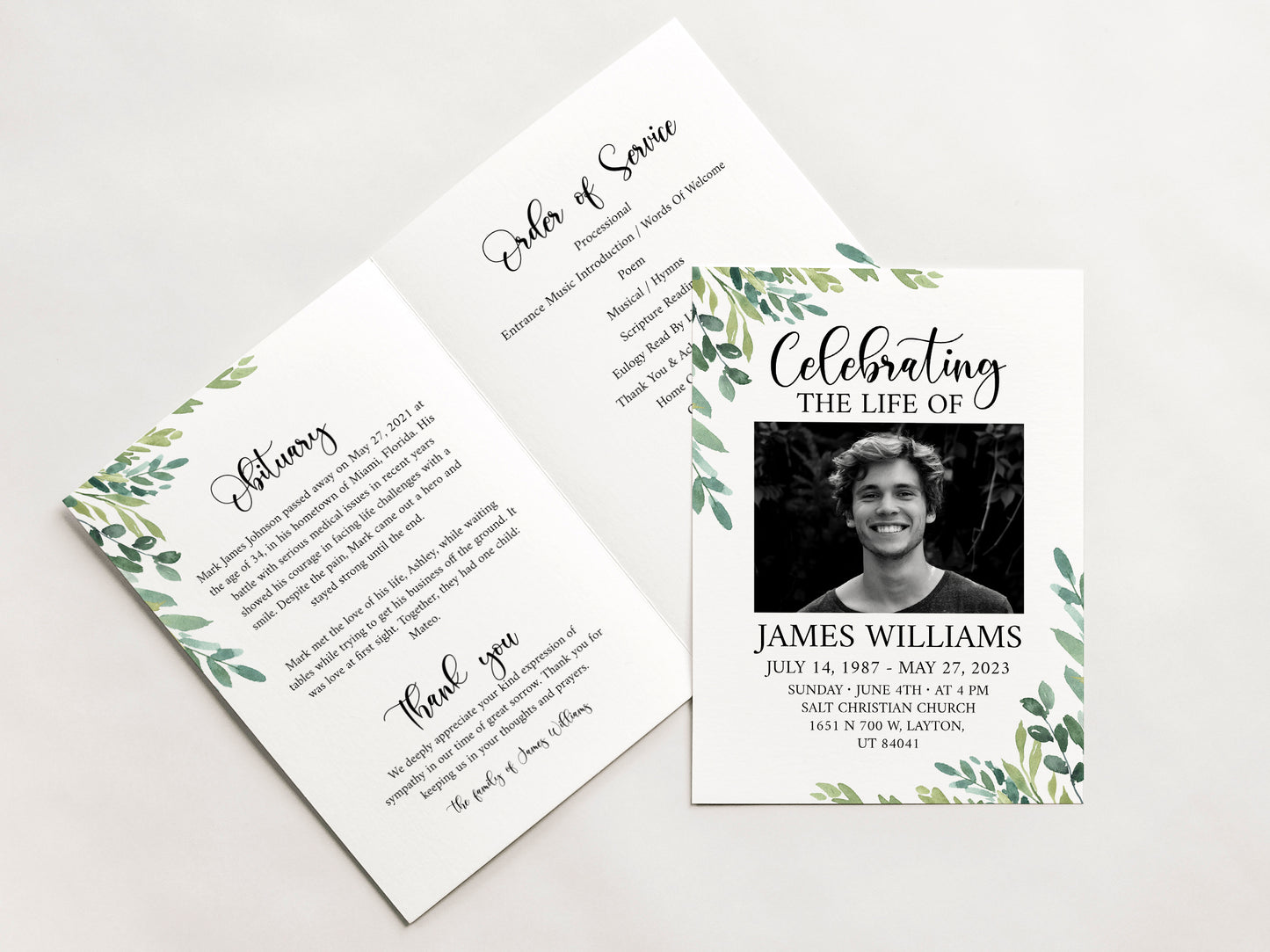 11x17 Celebration of life Watercolor Greenery Funeral Program Template G2, Template Memorial Program, Funeral Brochure, Obituary Program, Editable Funeral Program Template