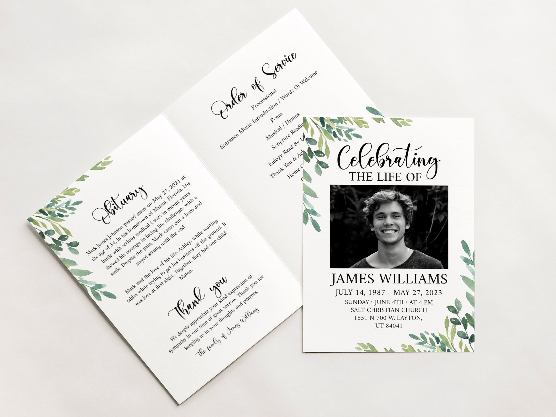 11x17 Celebration of life Watercolor Greenery Funeral Program Template G2, Template Memorial Program, Funeral Brochure, Obituary Program, Editable Funeral Program Template