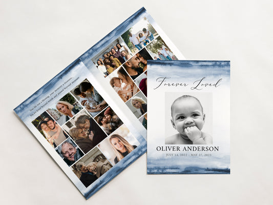 Blue Watercolor 8 Page Baby Funeral Program, Funeral Service Program, Template for Baby Child Funeral, Boy Funeral Baby Memorial Program B4