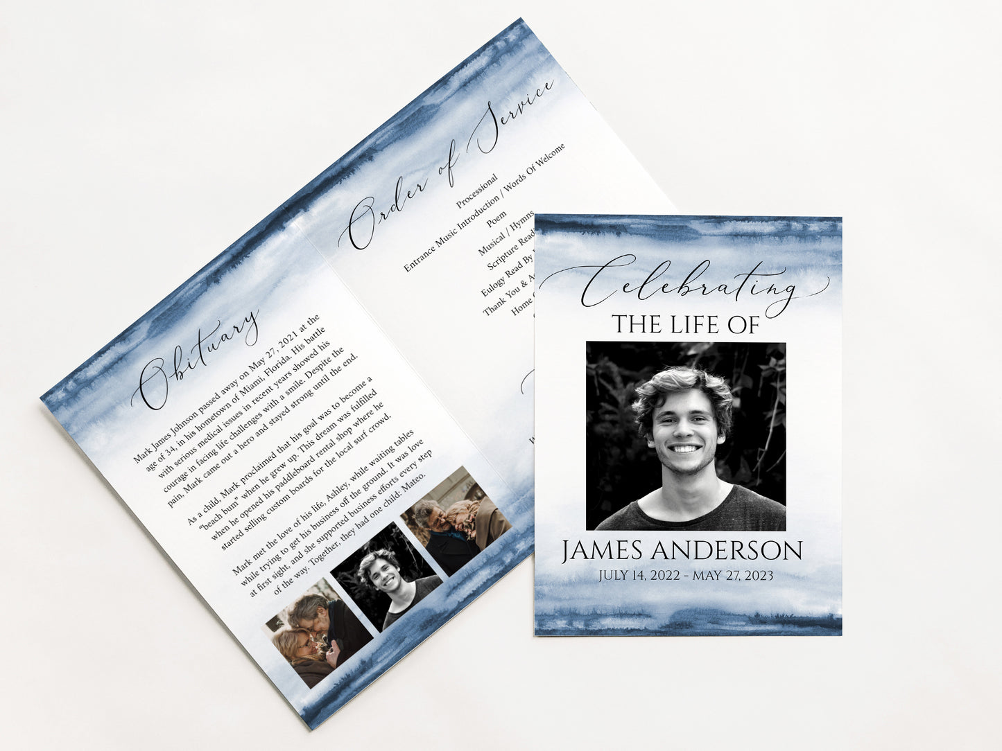 Celebration of Life Blue Watercolor Funeral Program Template B4