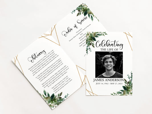 Celebration of Life Watercolor Greenery Gold Funeral Program Template Q1