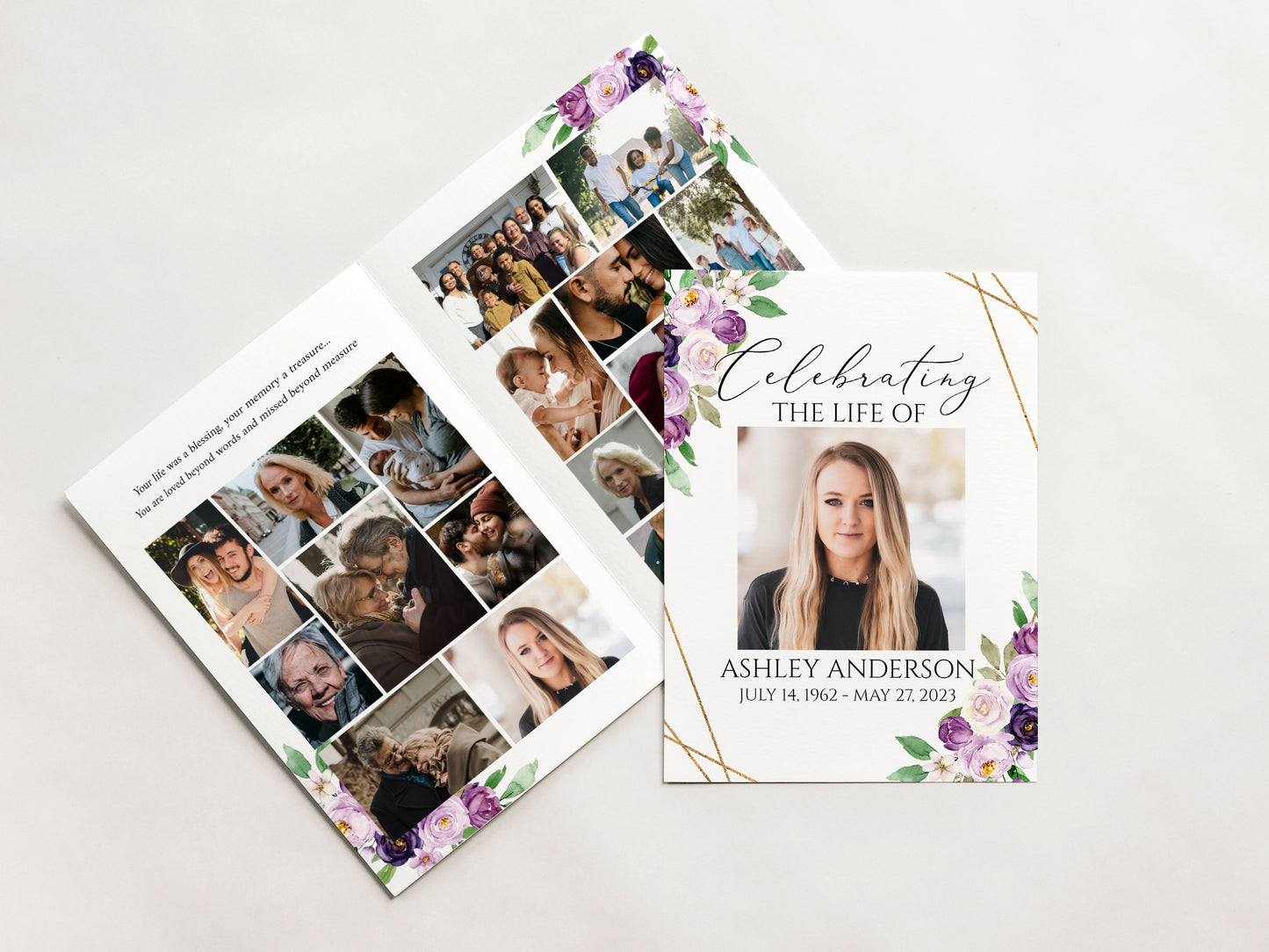 Celebration of life 8 Page Purple Floral Funeral Invitation Template P1