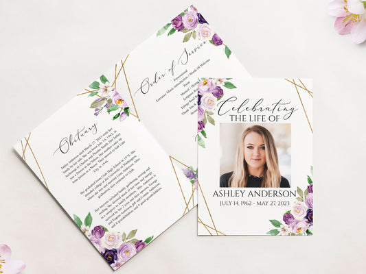 Celebration of Life Funeral Program, Purple Floral Funeral Program Template, Floral Memorial Program, Obituary Program, Funeral Mass Program, P1