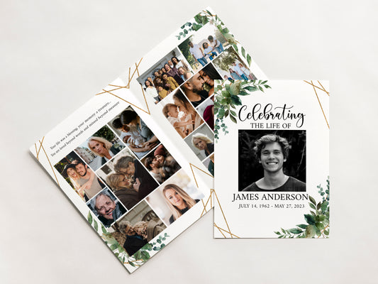 Celebration of Life 8 Page Watercolor Greenery Gold Funeral Program Template Funeral Brochure, Editable Greenery Memorial Program Green Obituary Program H1