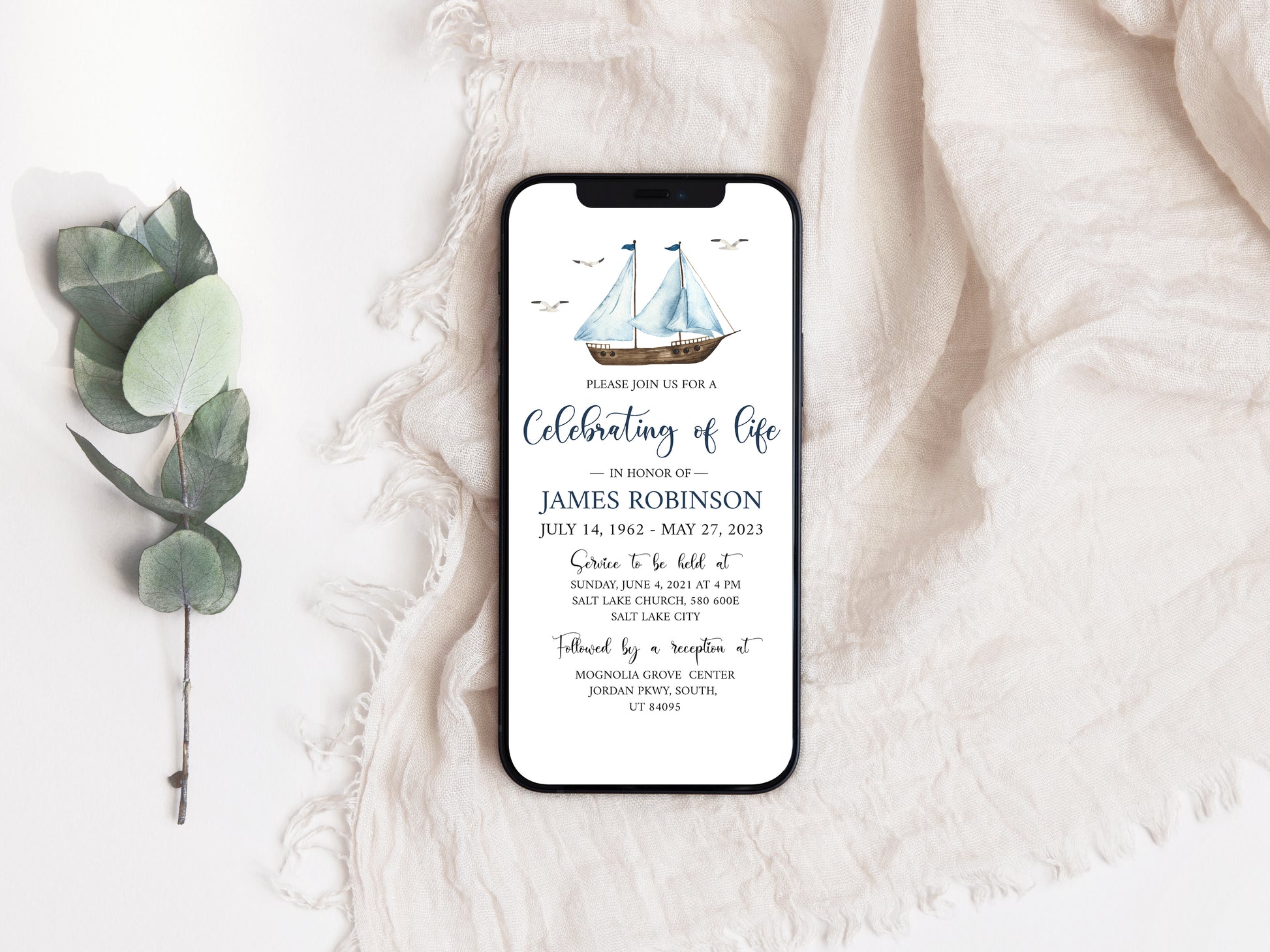 Celebration of life Watercolor Nautical Sailboat Digital Funeral Invitation Template, Nautical Funeral Announcement, Sailboat Electronic Funeral Invite Template