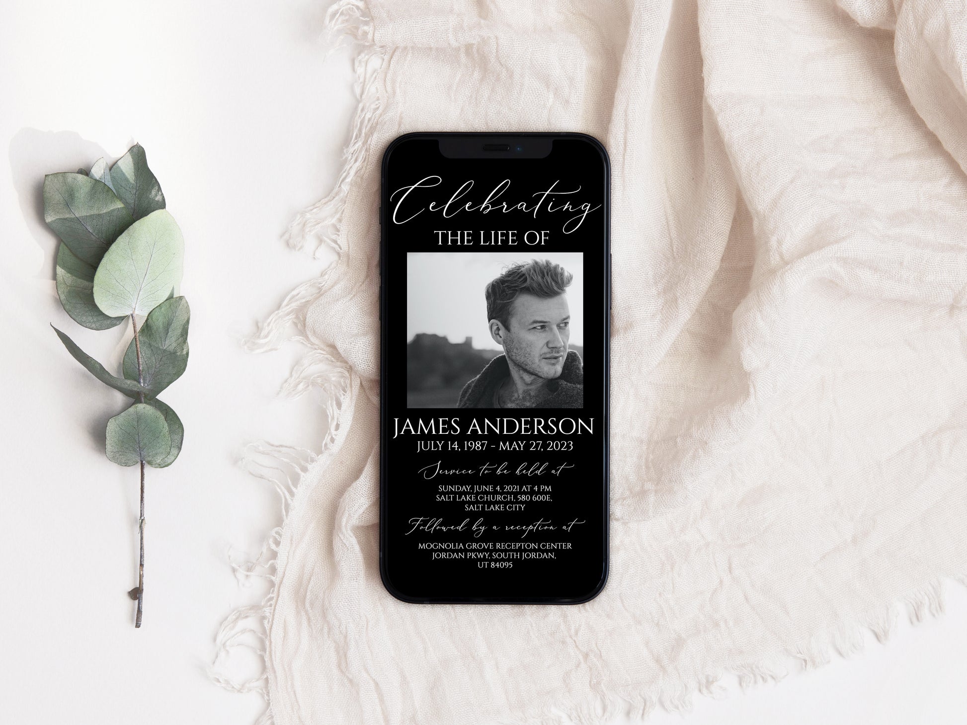 Celebration of life Minimalist Elegant Black Digital Funeral Invitation, Electronic Funeral Invite, Memorial Evite, Digital Memorial Invitation B7