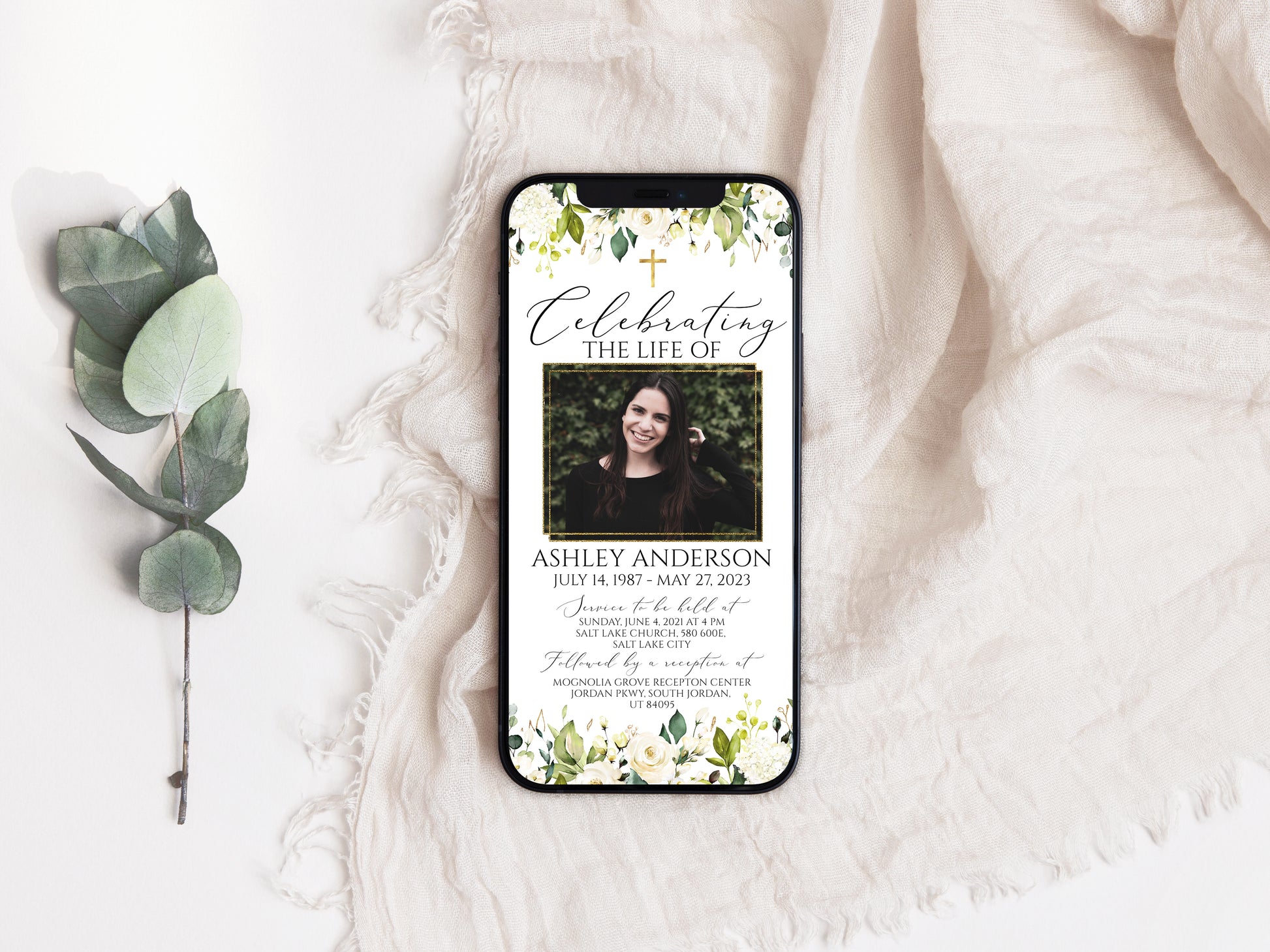 Celebration of life White Greenery Floral Gold Cross Digital Funeral Invitation, Memorial Evite, White Greenery Electronic Funeral Invite for women, Memorial Service Invitation