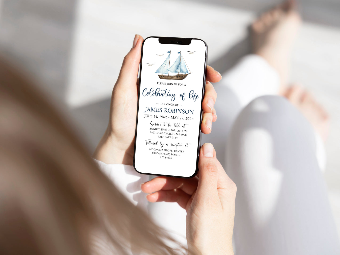 Celebration of life Watercolor Nautical Sailboat Digital Funeral Invitation Template, Nautical Funeral Announcement, Sailboat Electronic Funeral Invite Template