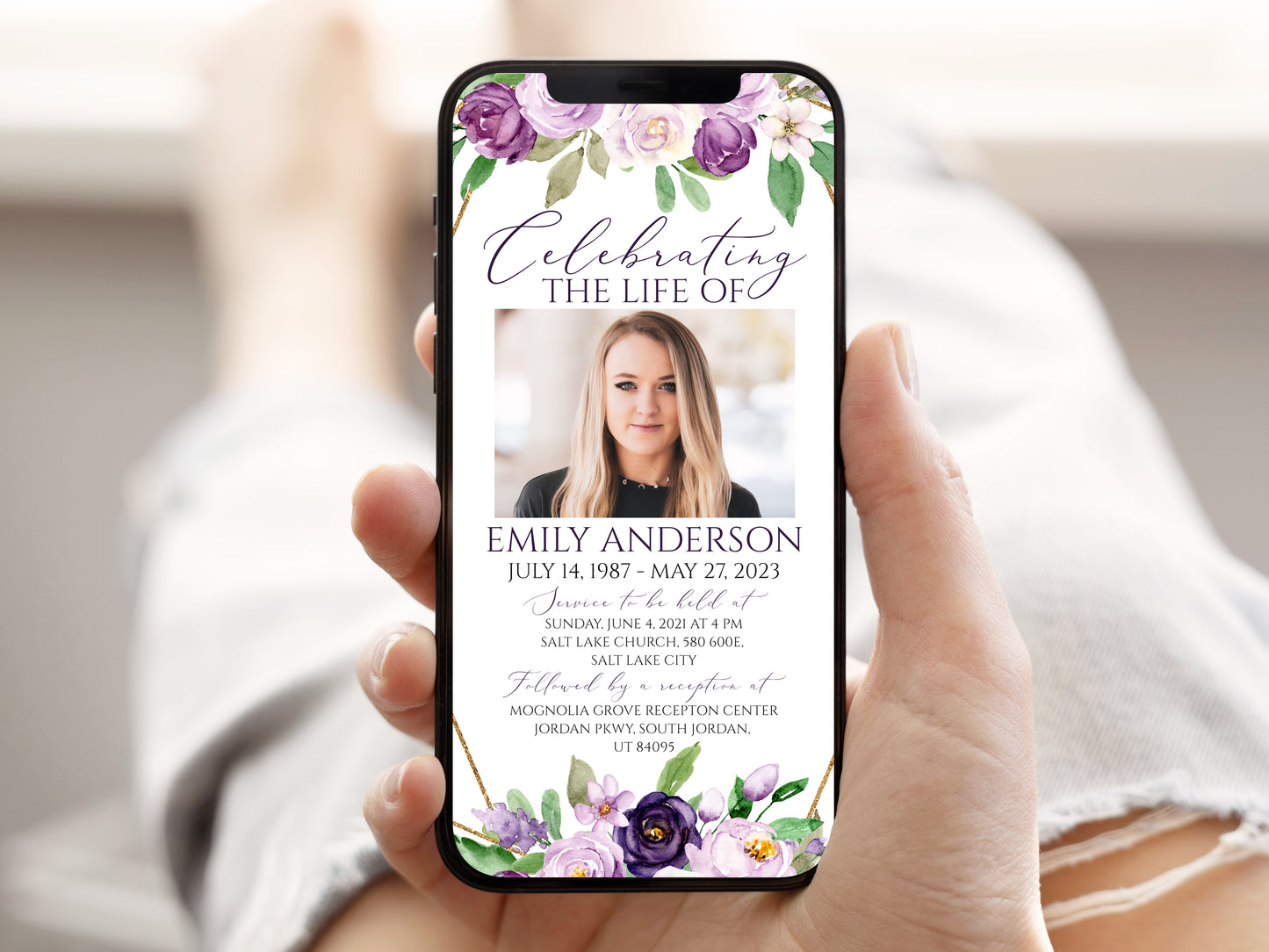 Celebration of life Purple Floral Digital Funeral Invitation Template P1