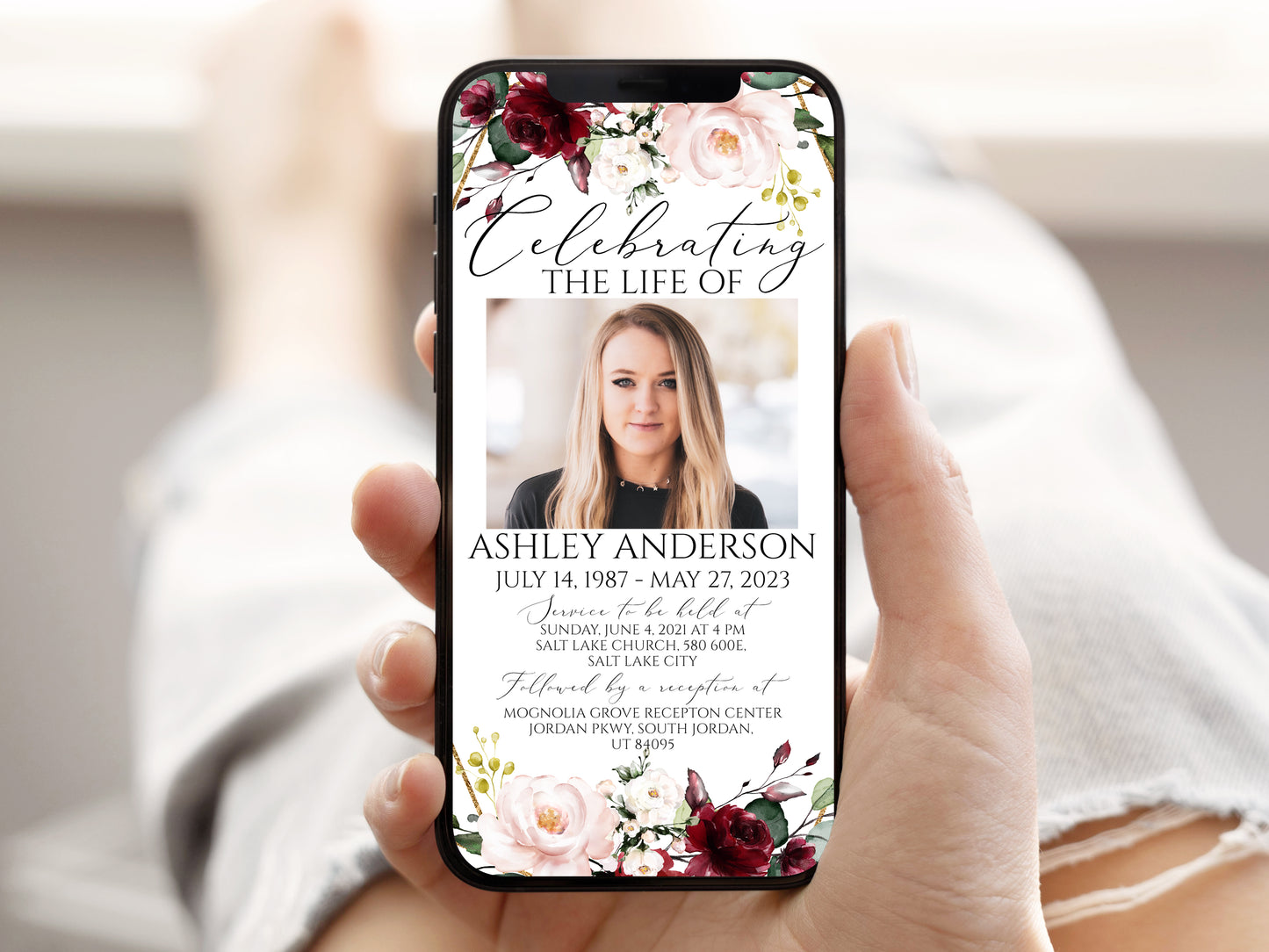 Digital Funeral Invitation, Red Roses Funeral Announcement, Memorial Evite, Electronic Funeral Invite for women, Memorial Service Invite R1