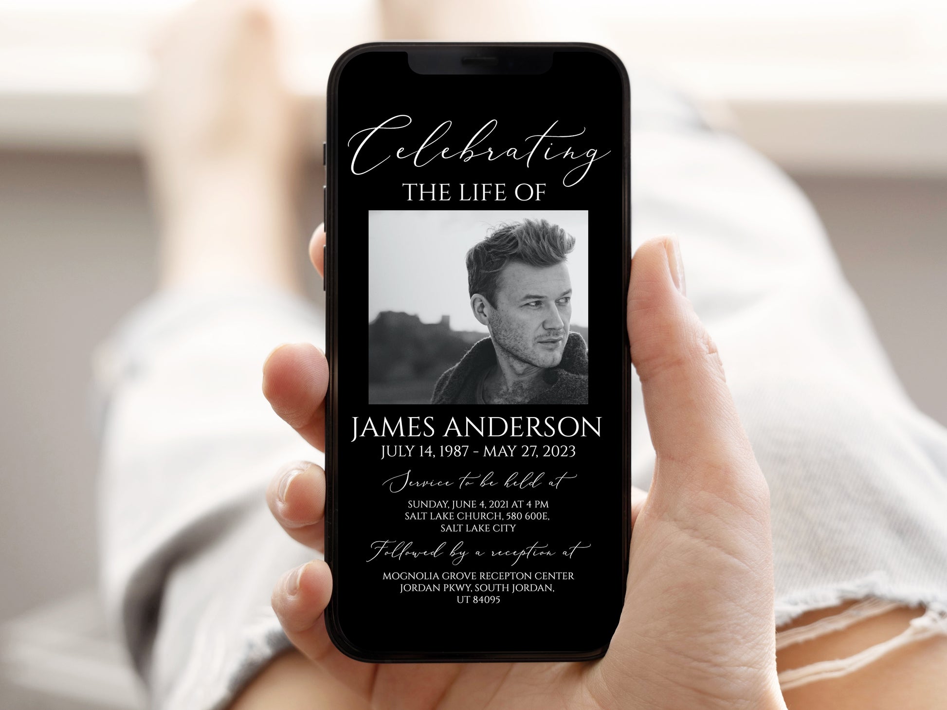 Celebration of life Minimalist Elegant Black Digital Funeral Invitation, Electronic Funeral Invite, Memorial Evite, Digital Memorial Invitation B7