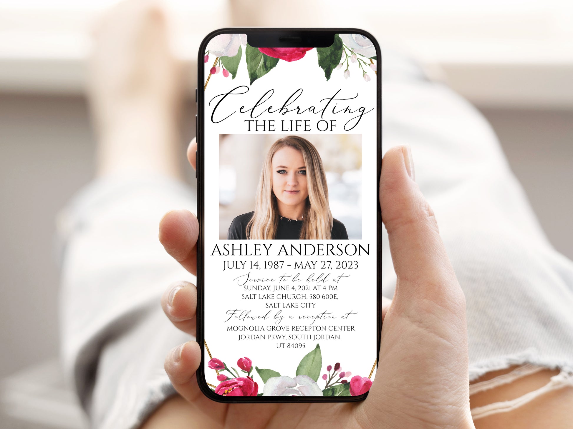 Digital Funeral Invitation, White Pink Roses Funeral, Roses Memorial Evite, Electronic Funeral Invite for women, Memorial Service Invite P2