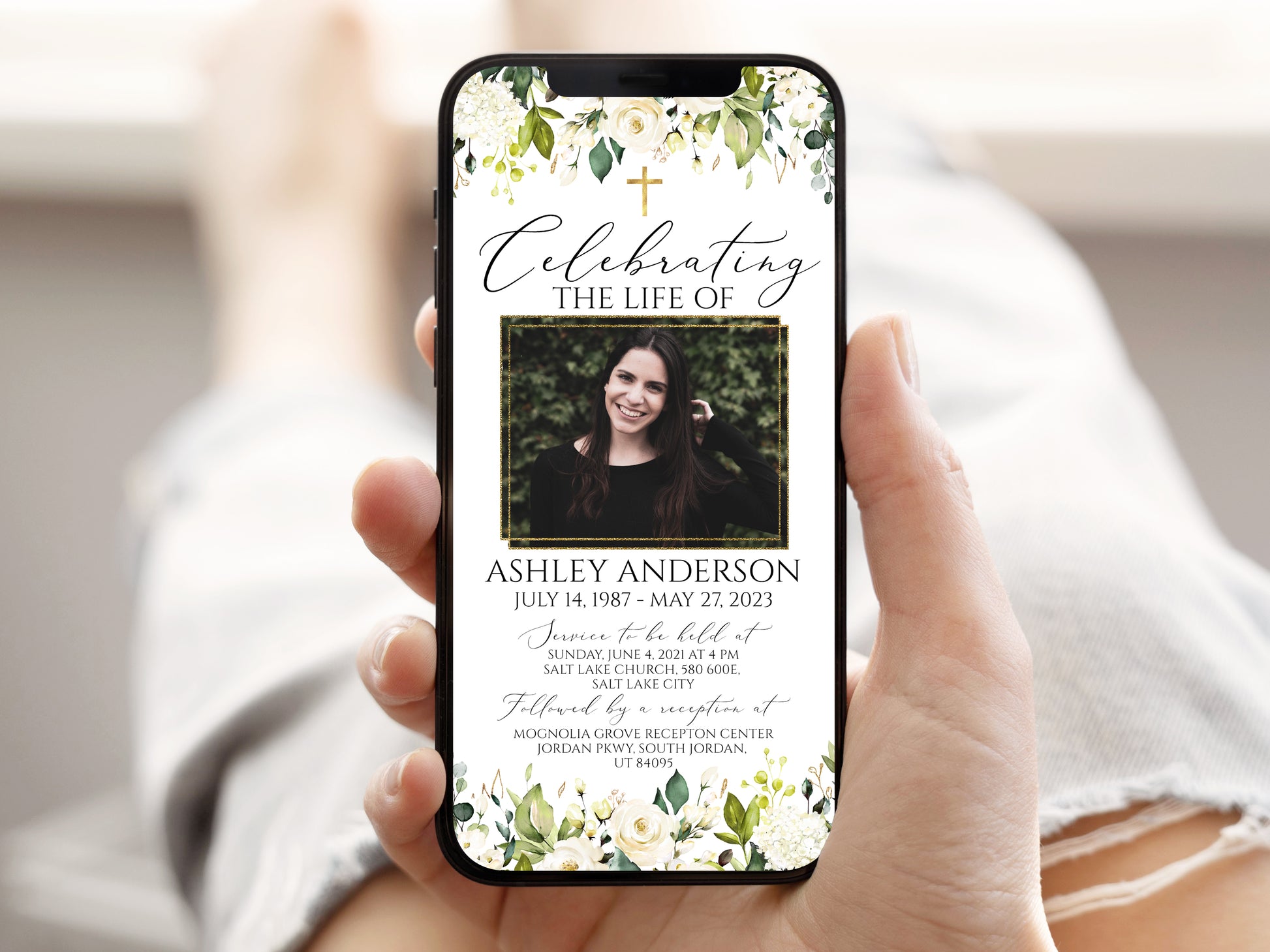 Celebration of life White Greenery Floral Gold Cross Digital Funeral Invitation, Memorial Evite, White Greenery Electronic Funeral Invite for women, Memorial Service Invitation