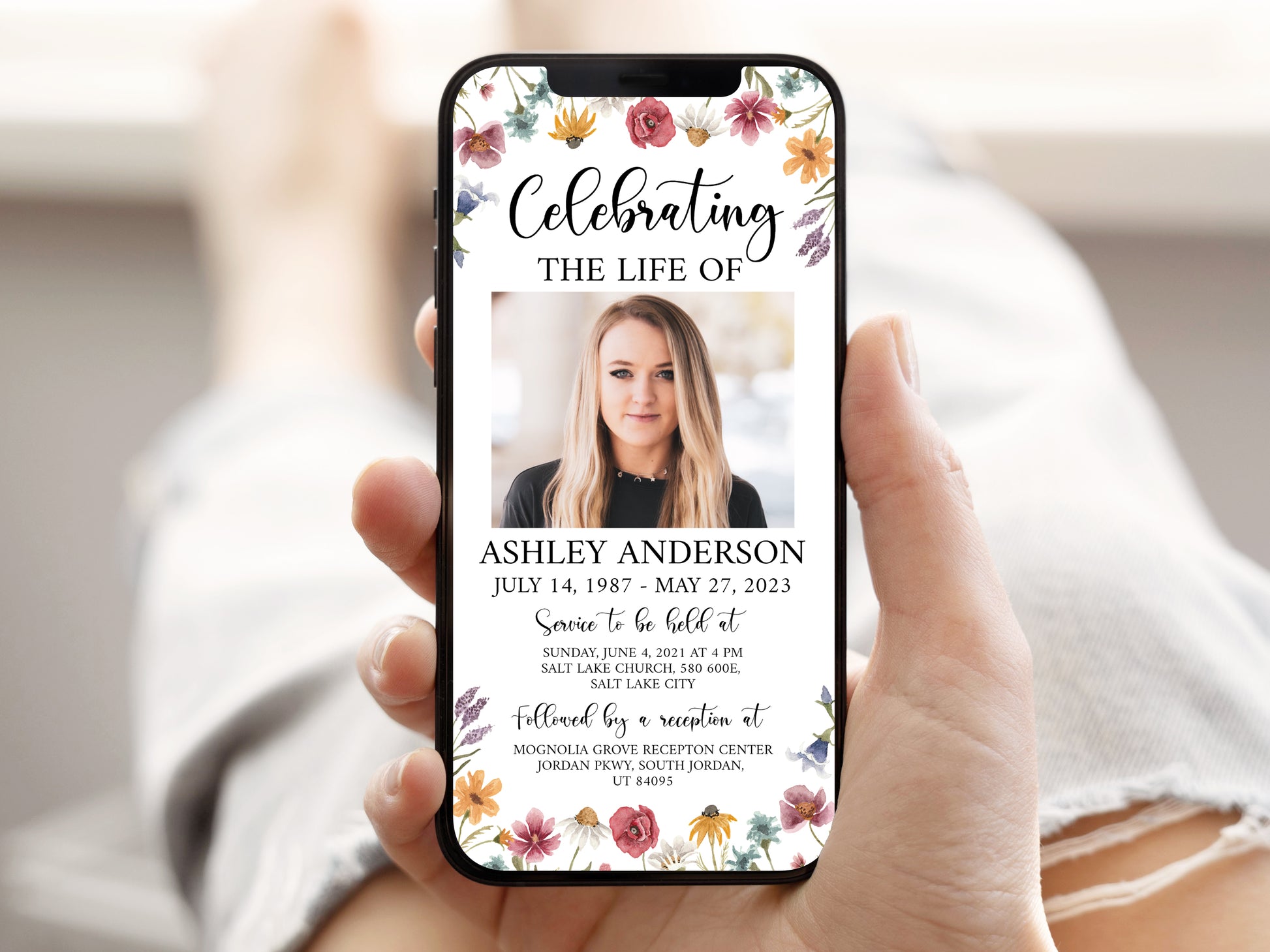 Celebration of life Red Greenery Wildflower Meadow Digital Funeral Invitation Template, Wildflower Funeral Announcement, Wildflower Memorial Evite