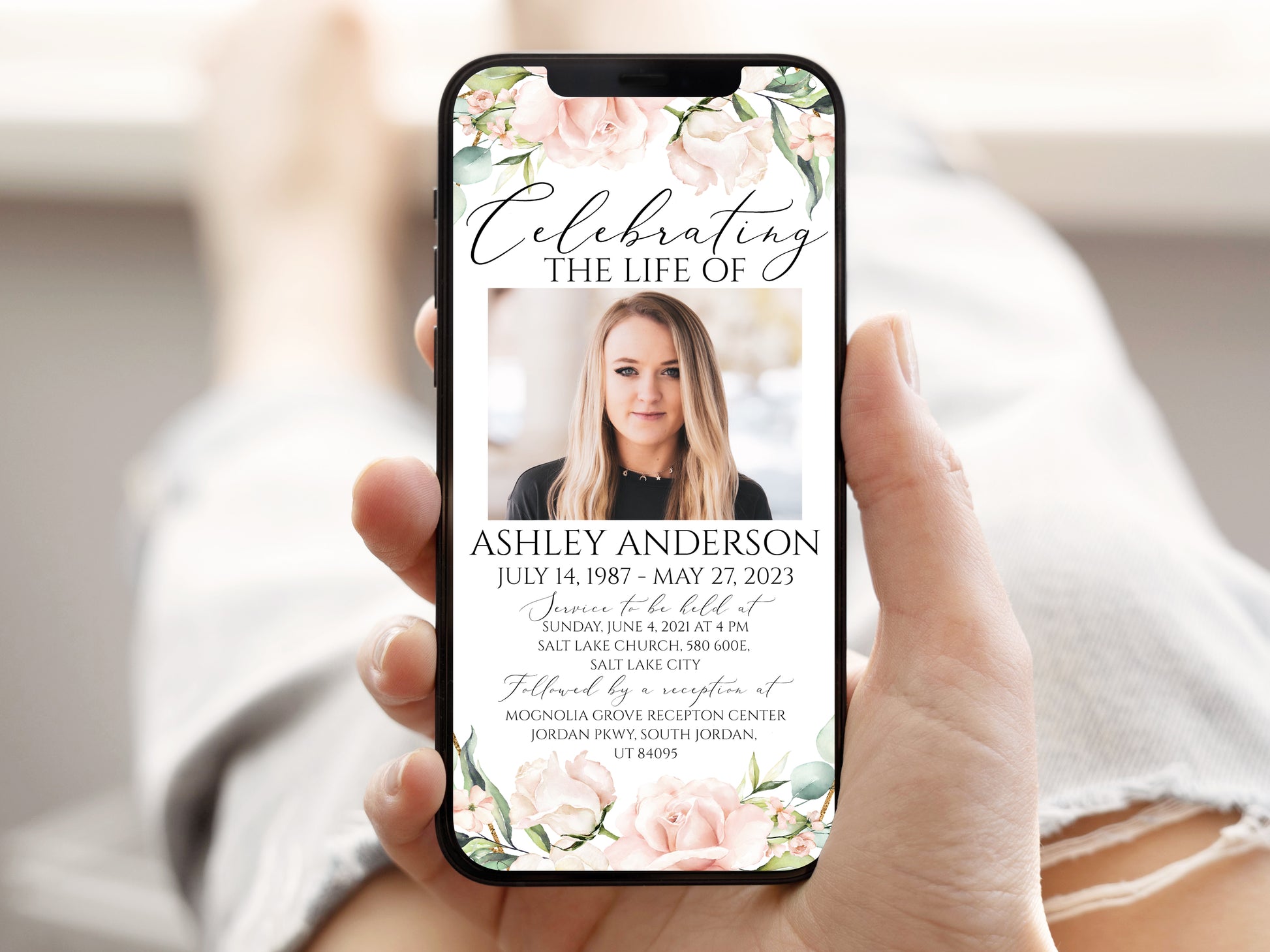 Digital Funeral Invitation, Blush Funeral Announcement, Memorial Evite, Electronic Funeral Invite for women, Memorial Service Invitation P4