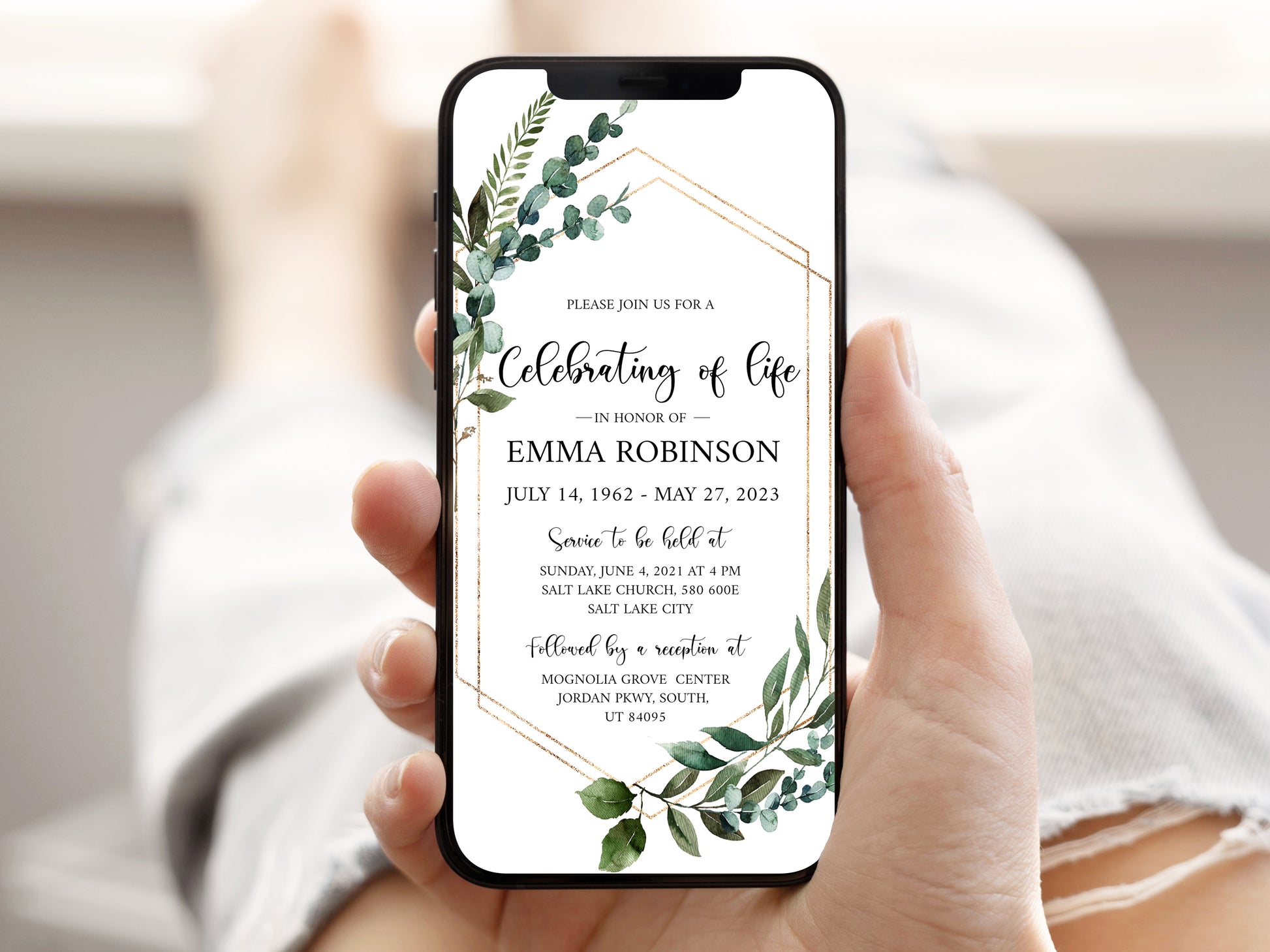 Celebration of life Watercolor Greenery Gold Digital Funeral Invitation Template, Funeral Announcement Electronic Funeral Invite Memorial Service Evite Q1