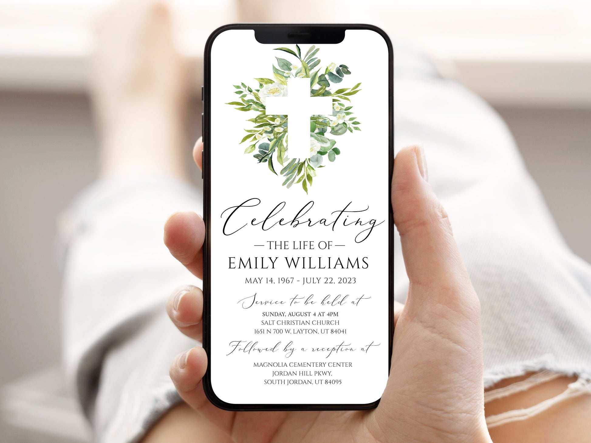 Celebration of life Watercolor Greenery Cross Digital Funeral Invitation Template, Greenery Cross Funeral Announcement, Memorial Evite, Greenery Electronic Funeral
