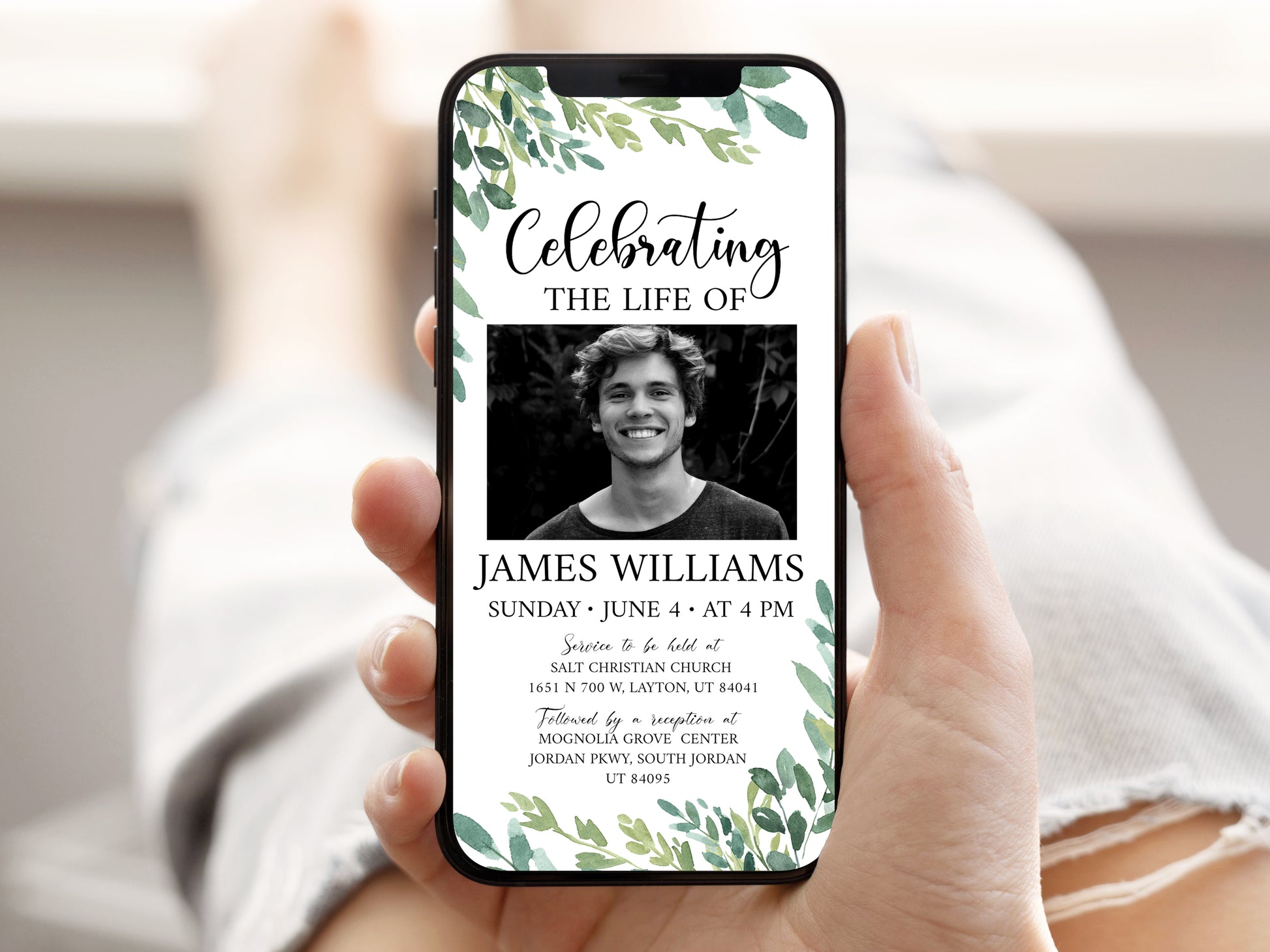 Celebration of life Watercolor Greenery Digital Funeral Invitation Template, Greenery Funeral Announcement, Greenery Memorial Evite, Electronic Greenery Funeral Invite G2