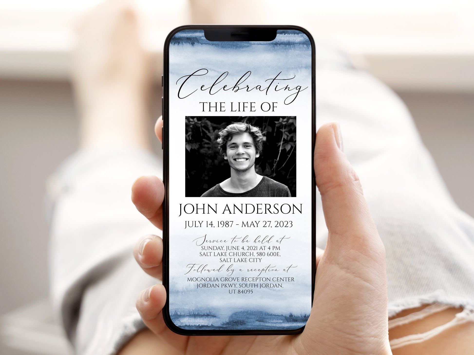 Blue Watercolor Digital Funeral Invitation, Electronic Funeral Invite for men, Memorial Service Evite Boy Blue Funeral Evite Template B4