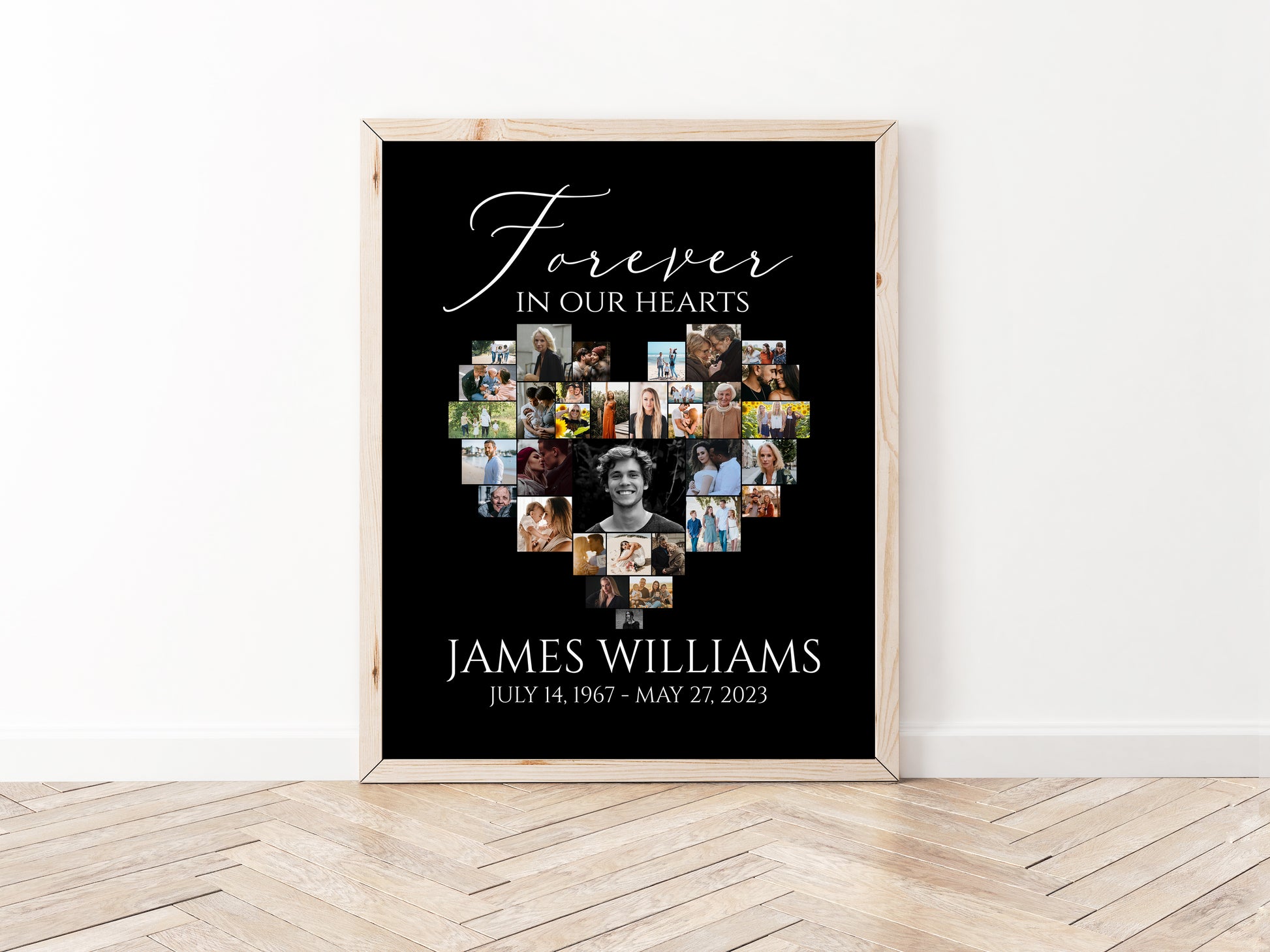 Forever in our Hearts Minimalist Elegant Black Heart Photo Collage Funeral Welcome Sign, Black Heart Funeral Photo Collage Poster, Black Memorial Sign B7