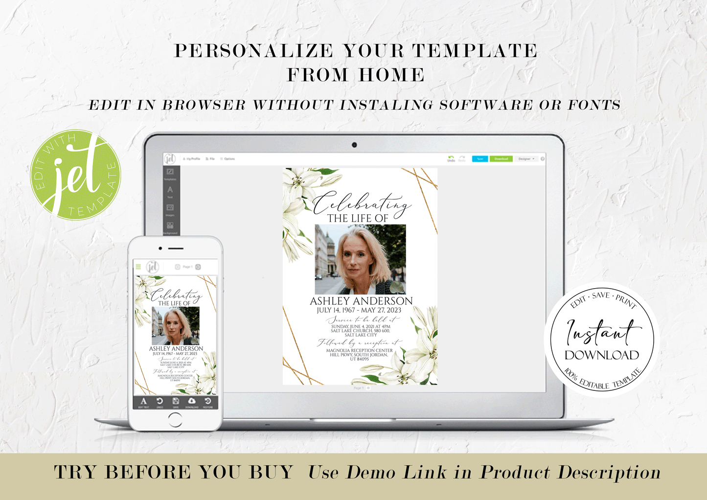 Editable Celebration Of Life White Lilies Greenery Gold Funeral Bundle Set, Celebration of Life Package, White Lilies Greenery Funeral Templates Bundle, White Lilies Funeral