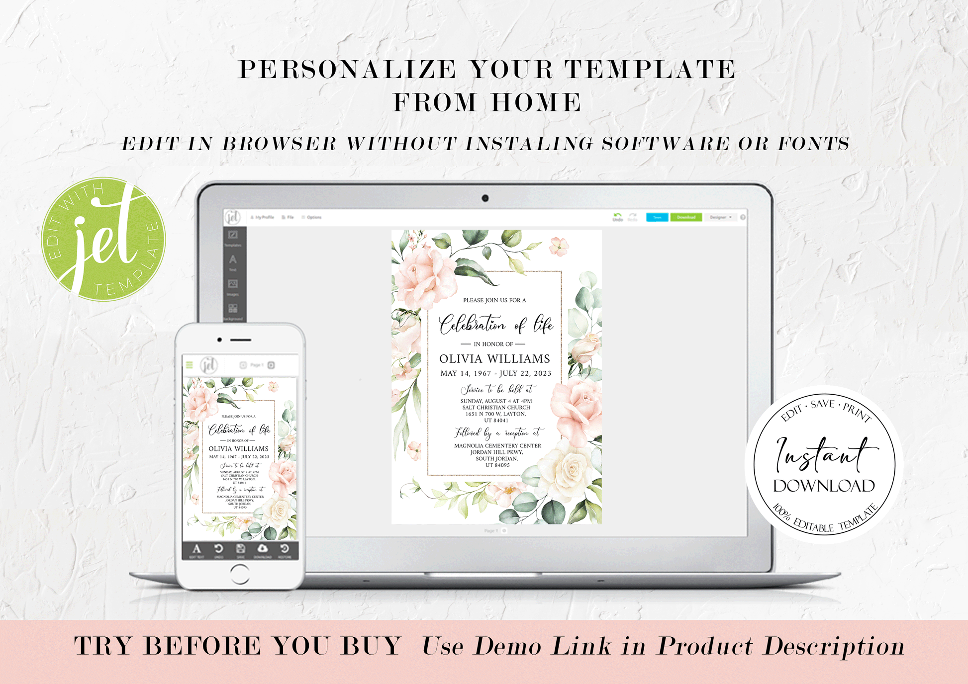 Celebration of life Invitation, Blush Pink Roses Funeral Invitation, Funeral Announcement Funeral Card Template Printable Memorial Invite P4