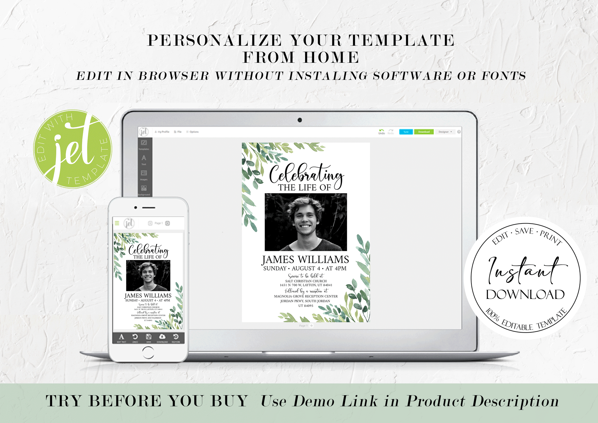 Celebration of life Watercolor Greenery Funeral Invitation Template, Funeral Announcement, Funeral Cards Template, Printable Greenery Memorial Invitation G2