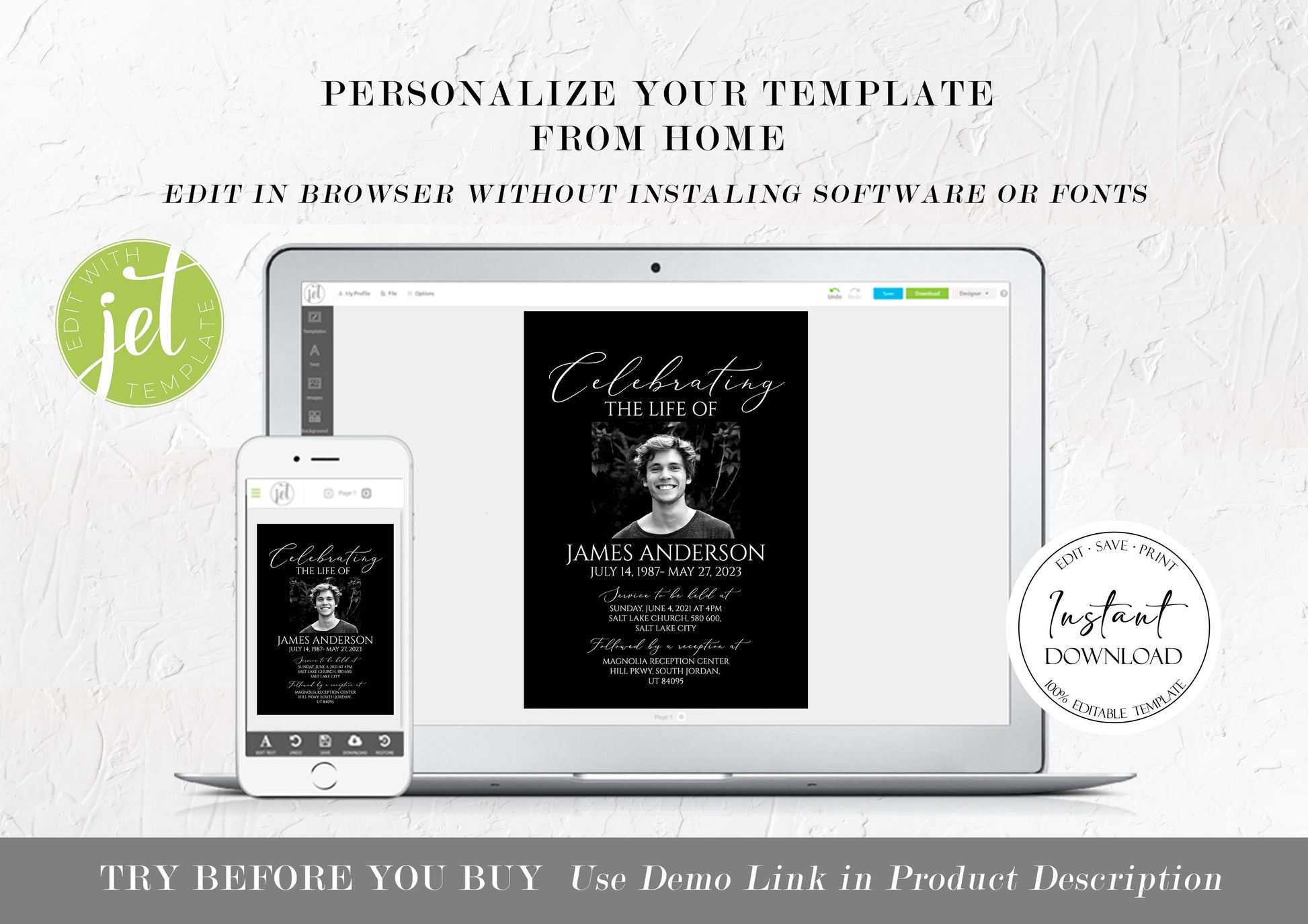 Editable Celebration Of Life Minimalist Elegant Black Funeral Bundle Set, In Loving Memory Suite, Funeral Templates Bundle, Black Simple Elegant Funeral