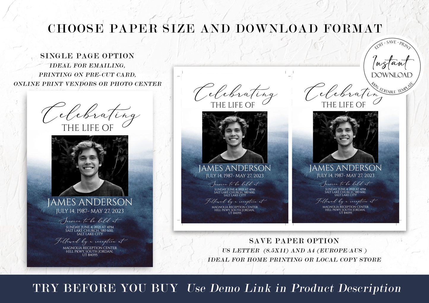 Blue Watercolor Funeral Bundle Templates, Memorial Package, Celebration of Life Package, In Loving Memory Suite, Blue Ocean Funeral Set