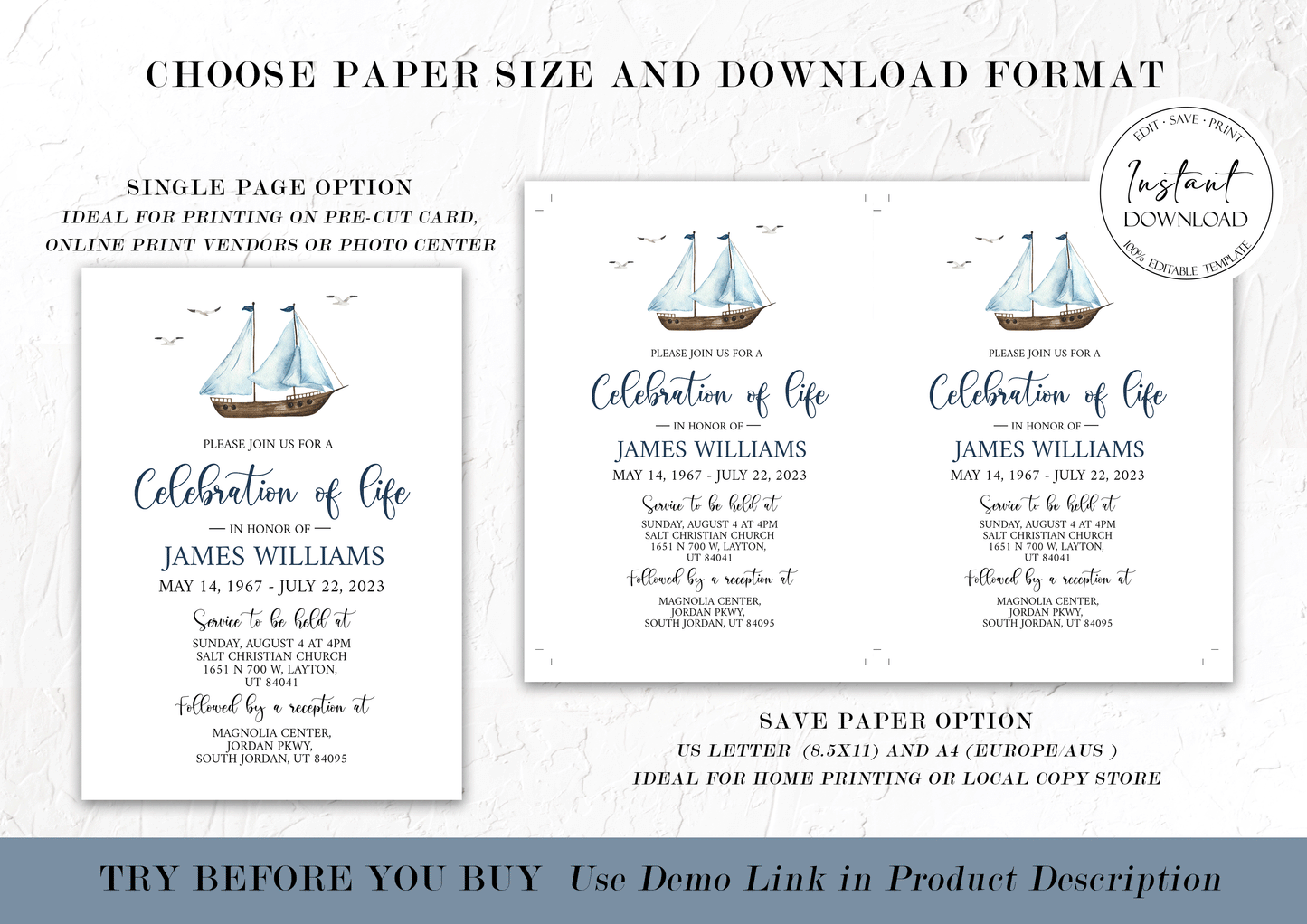 Celebration of life Watercolor Nautical Sailboat Funeral Invitation Template, Nautical Funeral Card Template, Printable Sailboat Memorial Service