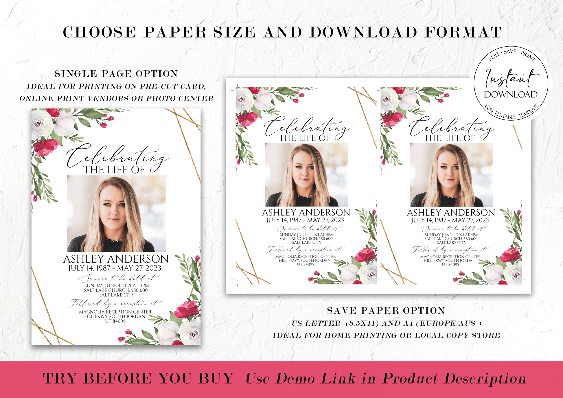 Celebration of life White Pink Roses Funeral Invitation, Funeral Announcement, White Pink Roses Funeral Cards, Printable Memorial Invite P2