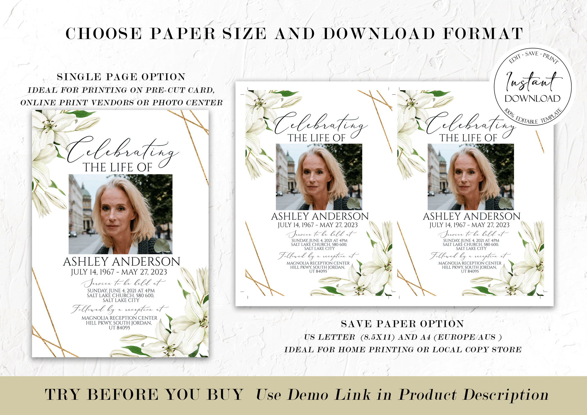 Editable Celebration Of Life White Lilies Greenery Gold Funeral Bundle Set, Celebration of Life Package, White Lilies Greenery Funeral Templates Bundle, White Lilies Funeral