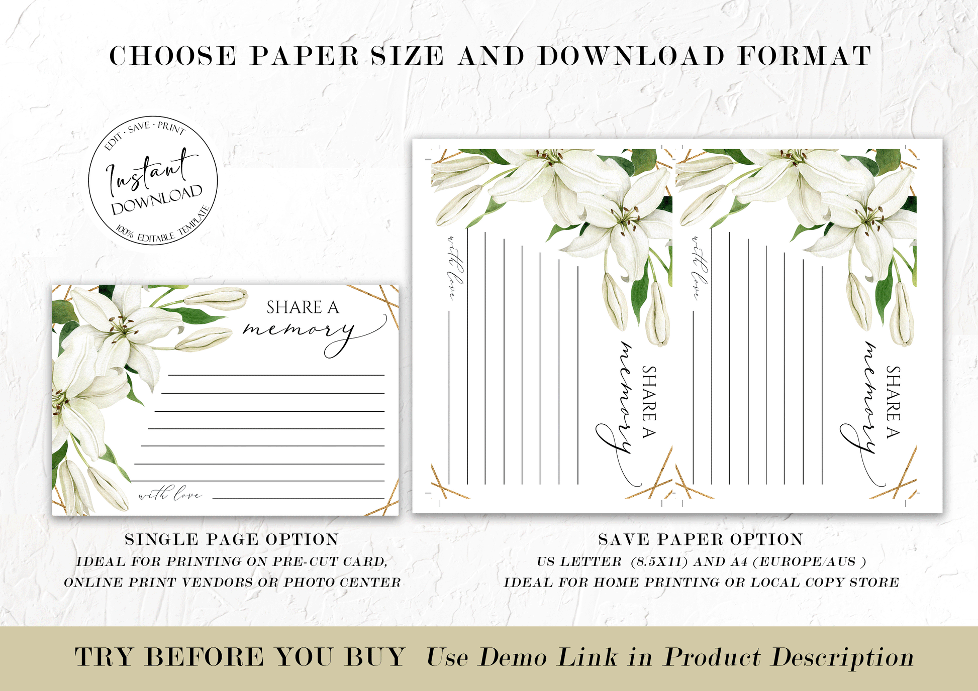 White Lilies Greenery Gold Simple Elegant Share a Memory Funeral Sign and Share a Memory Card Template, Editable Funeral share a memory template, Funeral Template