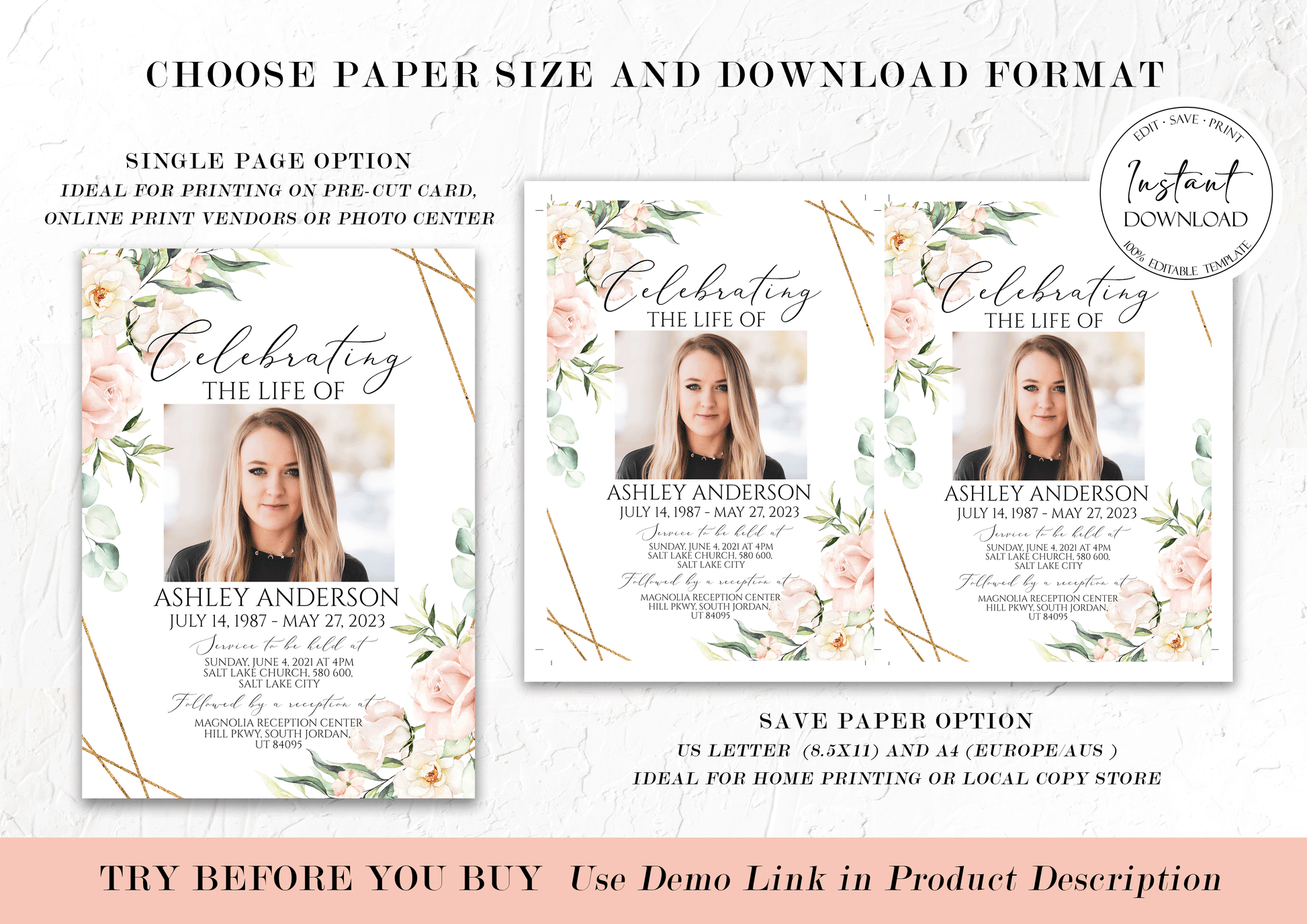 Celebration of life Invitation, Blush Pink Roses Funeral Invitation, Funeral Announcement Funeral Card Template Printable Memorial Invite P4