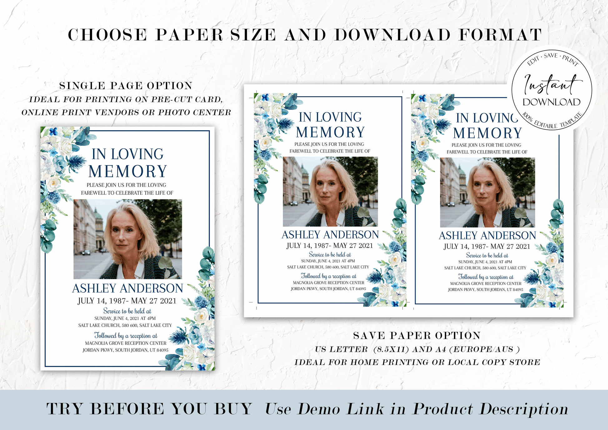 In Loving Memory Blue White Floral Funeral Invitation Template B1 –  PeacefulMemoryDesign