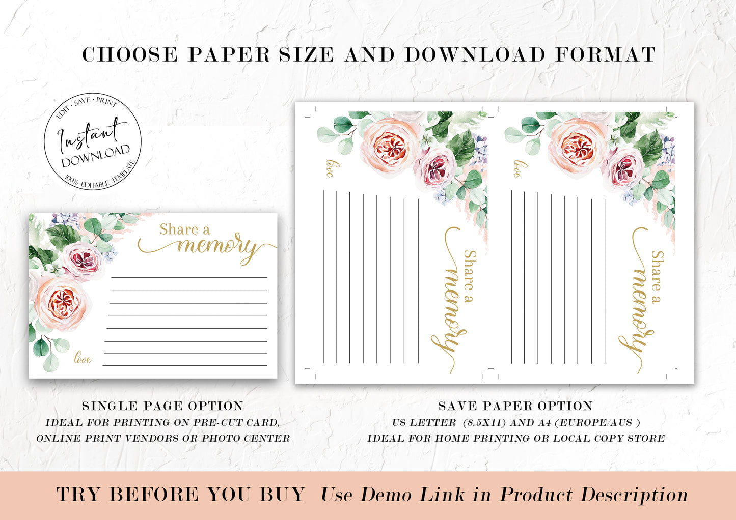 Blush Pink Roses Greenery  Share a Memory Funeral Sign Share a Memory Card Template F1