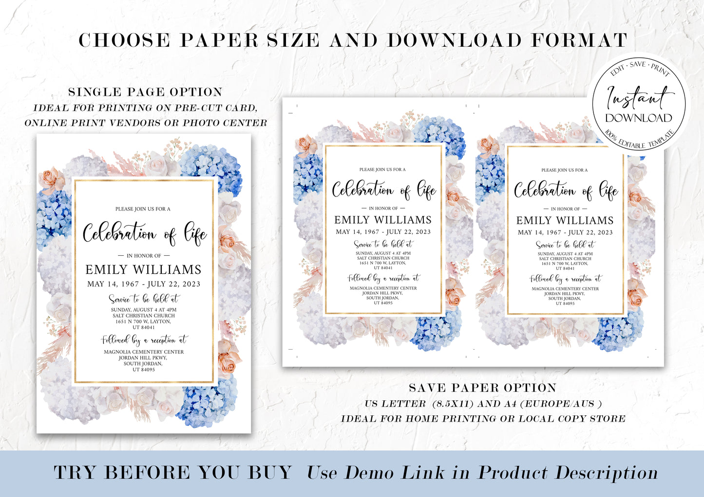 Celebration of life Blush Roses White Blue Hydrangea Funeral Invitation Template O1