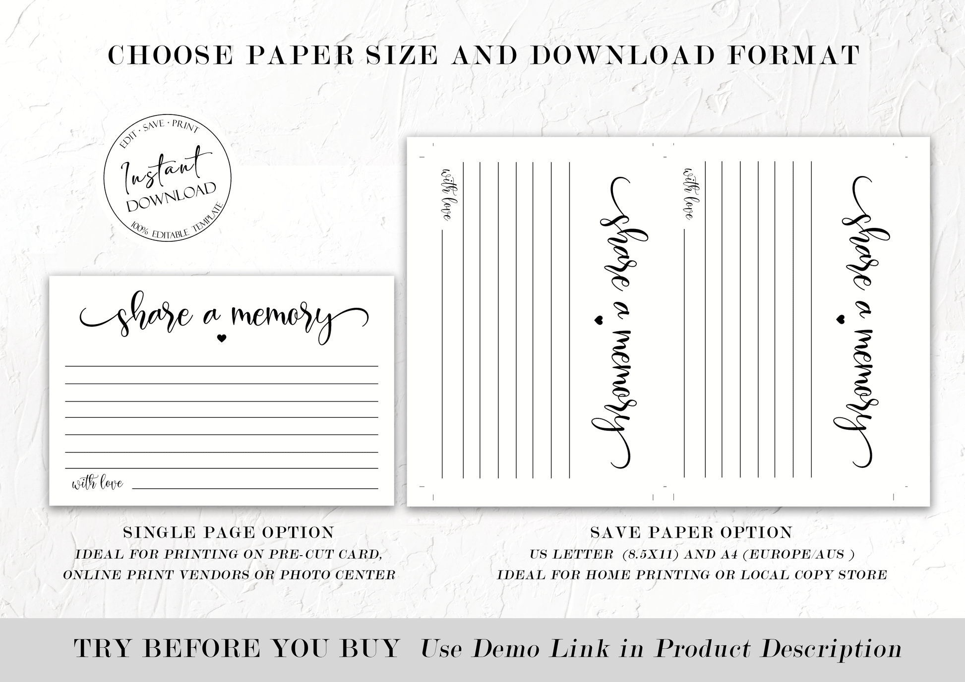 Simple Elegant Share a Memory Funeral Sign and Share a Memory Card Template Greenery Funeral Memory Card, Editable Funeral share a memory template S2