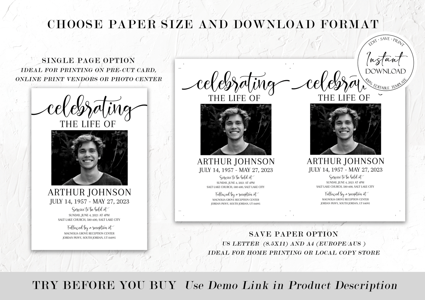 Celebration of life Simple Elegant Funeral Invitation Template S2