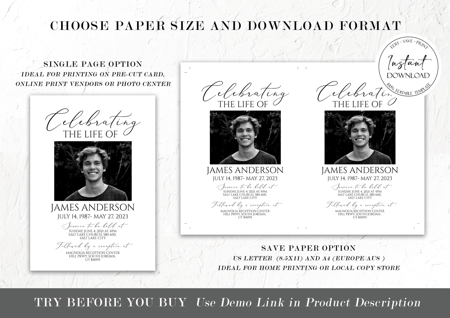 Celebration of life Invitation, Funeral Invitations, Funeral Announcement, Funeral Card Template, Printable Memorial Service Invitation S1